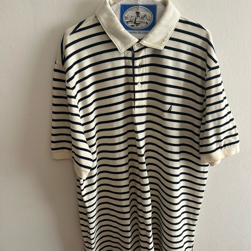 Nautica Cream and Black Polo Shirt Classic Stripes